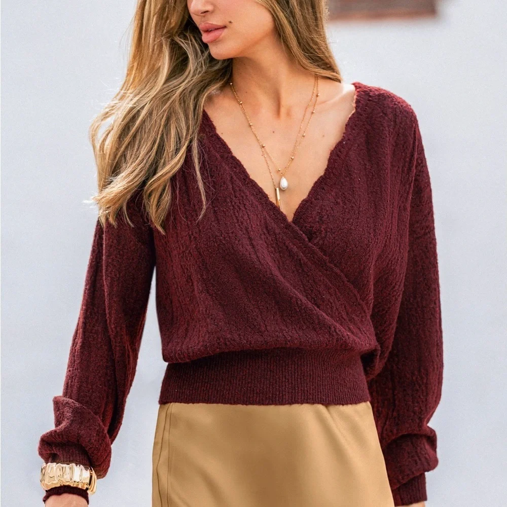 Cupshe Women's Burgundy V-Neck Reversible Sweater - Picture 11 of 11